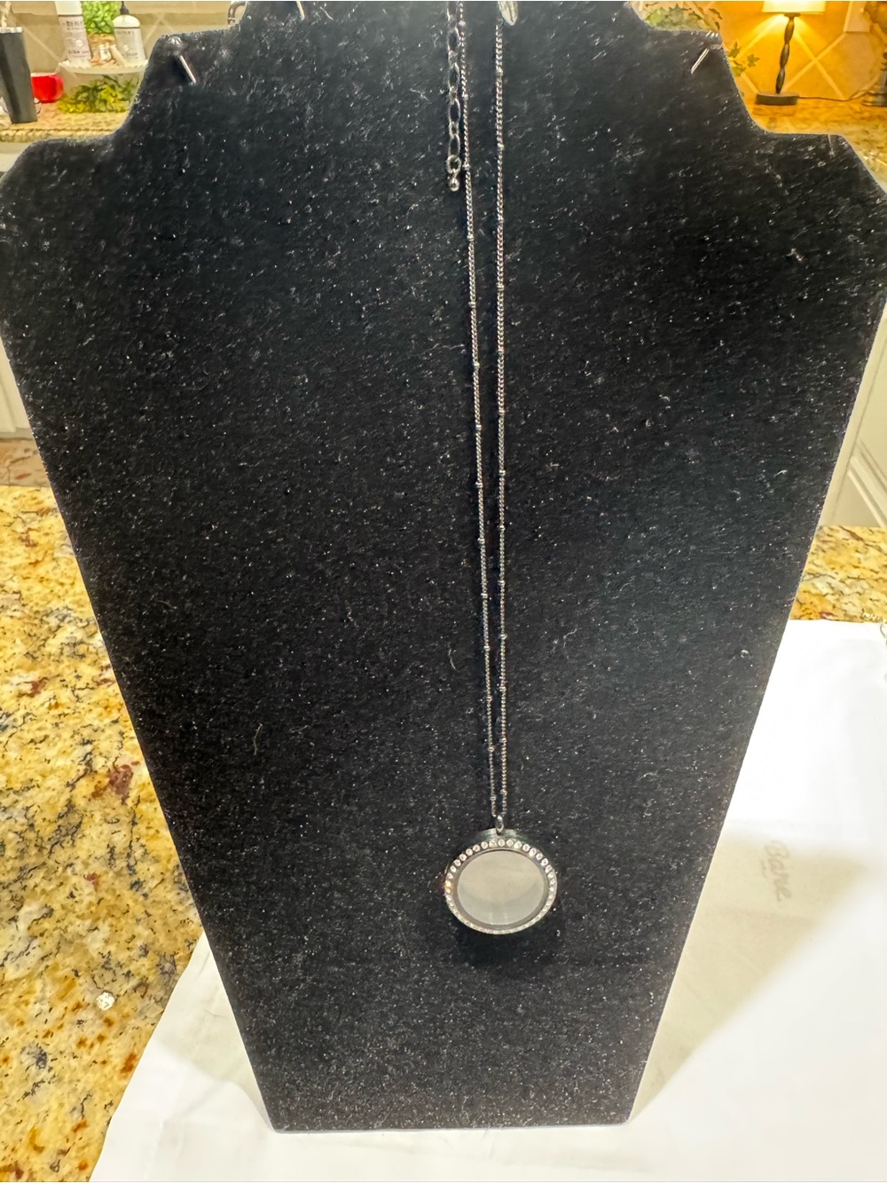 Origami Owl Black Tone Round Locket Necklace with Crystal Halo .